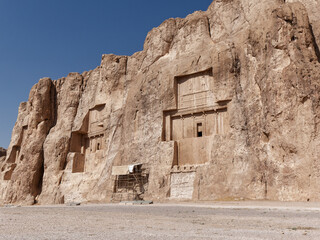 Panoramic view of Naqsh-e Rostam, Tombs of Persian Kings carved into the stone in Fars Province, Iran