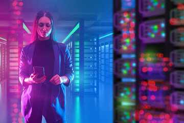 Woman data center manager. Girl with smartphone near server racks. Lady in business clothes among server equipment. Businesswoman with phone controls work of data center. Woman data scientist