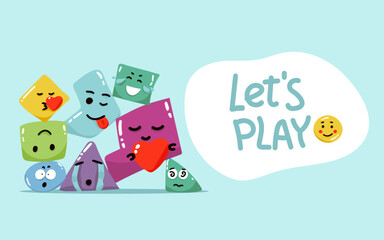 Geometric character shapes with face emotions, different cartoon basic figures. Cute colorful shapes, trendy colors, hand drawn textures, vector illustrations for children education. lets play