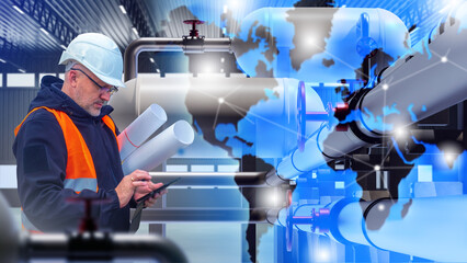 Man with tablet at chemical plant. Pipes with oil near world map. Concept controlling logistics of...
