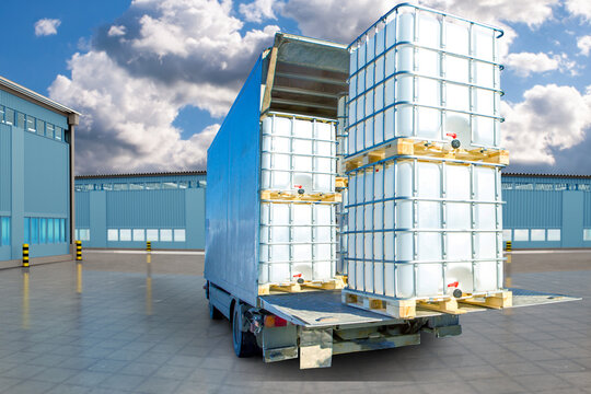 Plastic containers for water in truck. Containers for liquid in metal crate. Truck with barrels. Warehouse area. Truck brought water to industrial center. Water containers on pallets. 3d image