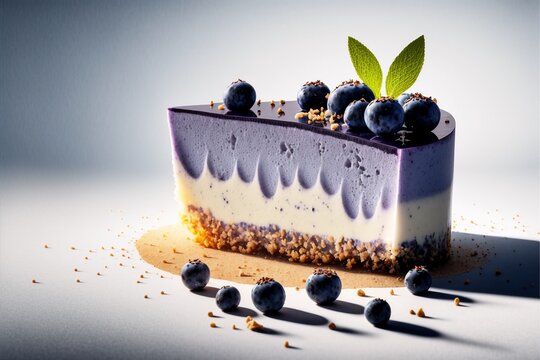 Raw gluten-free no-bake dessert. Vegan vanilla blueberry cheesecake against white background. Sweet healthy food. Generative AI.