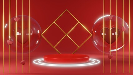 3D rendering of red podium for Valentine products on Valentine's Day.