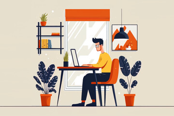 Young man working or studying  on laptop  at home. Working at home and coworking space vector flat style illustration.