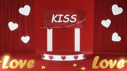 3D rendering of red podium for Valentine products on Valentine's Day.