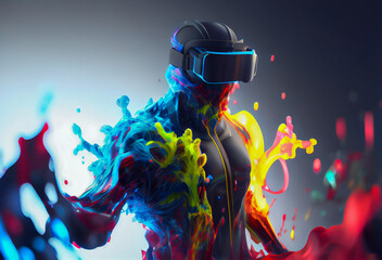 Obraz na płótnie Canvas VR concept . 3d character style nft collection with VR goggles immersed in backlit diffuse liquid. metaverse concept, technology, video games and virtual reality, generative artificial intelligence