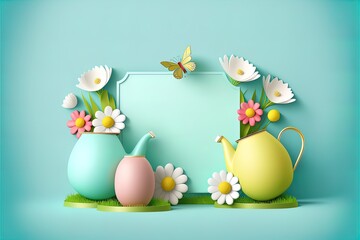 Colorful easter eggs with meadow flowers and watering can circle frame on blue with space for text digital art style. Easter spring holiday design template