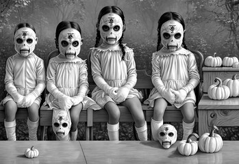 children with creepy halloween masks generative AI illustration - obrazy, fototapety, plakaty