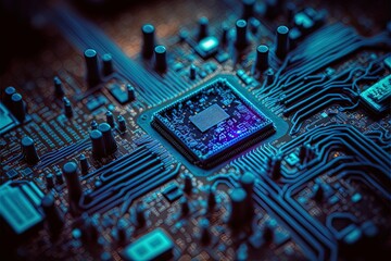 Abstract microchip mother board background. Computer chip network for artificial intelligence, cyber security, big data concept design blue shade - obrazy, fototapety, plakaty