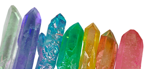 seven chakra colored upright crystal quartz aura wands placed diagonally transparent png file