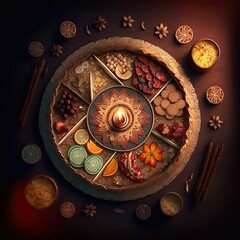 Divali festival, food mandala, selection of traditional festive snacks, overhead shot. AI generative illustration, generated with AI.