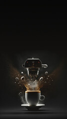 Coffee machine making cup of coffee, banner, background for social media stories with copy-space, AI generative illustration, generated by AI.