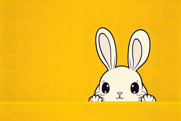 Cute cartoon easter rabbit sticking out yellow on yellow background with empty space for text or product. Currious small bunny symbol of spring and easter