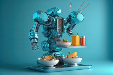 Robotic hand picks food items plating the dishes. Robotic automation in gastronomy industry. AI generative, AI generated illustration.