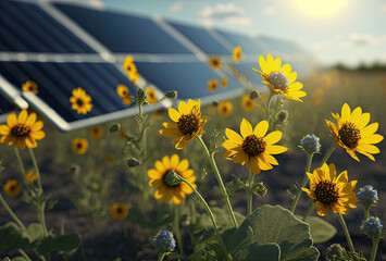 Wild flowers in front of solar panels on a field. AI generative illustration. Power plant image is generated by AI.
