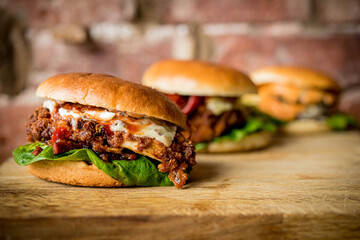 hamburger on wooden table
