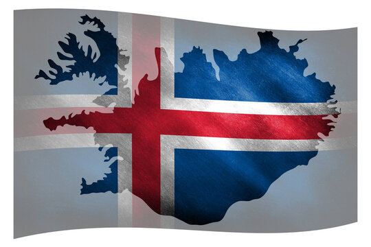 The waving flag of Iceland with its geographical border
