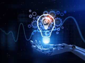 Innovation technology concept. Robot hand pressing button 3d render.