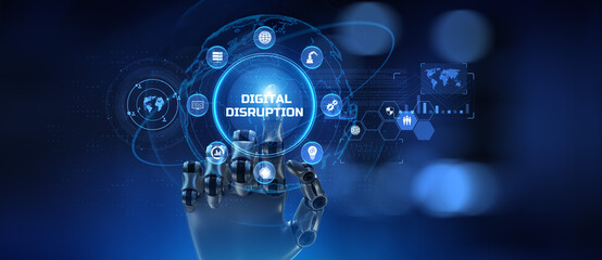 Digital disruption Disruptive innovation Business technology transformation. Robot hand pressing button 3d render.