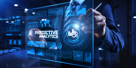Predictive analytics. Businessman pressing button on screen.