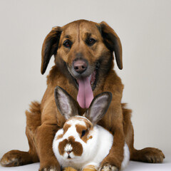 A dog with its tongue out hugging a brown white rabbit bunny with Generative AI technology