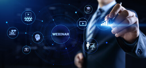 Webinar online learning education concept. Businessman pressing button on screen.