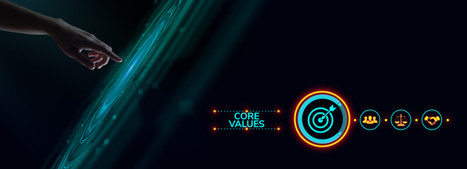 Core values corporate mission vision responsibility. Hand pressing button on screen. © Murrstock
