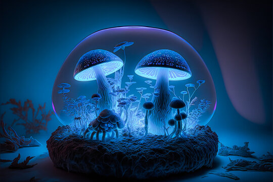Magic Mushrooms in mini forest under glass dome, Generative AI terrarium.