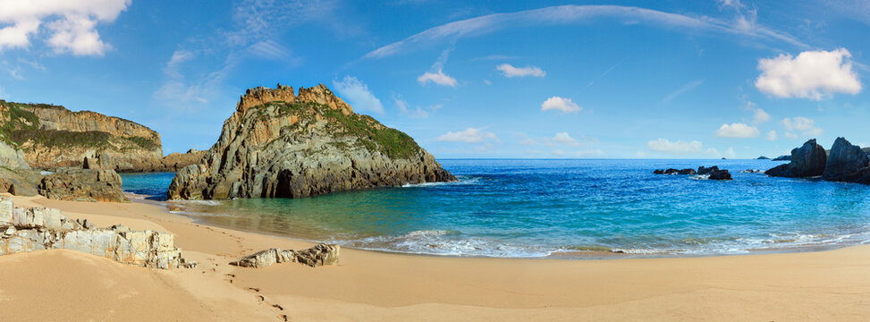 Sandy Mexota beach (Spain). Atlantic Ocean coastline landscape.