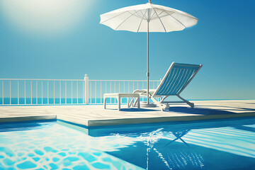 Obraz premium Lounger by the pool and parasol with the sea in the background. Generative artificial intelligence illustration.