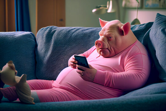 Fatty pig in pyjama lying on sofa with smartphone, conceptual ai illustration