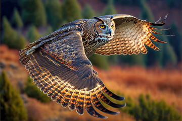 Eurasian Eagle Owl in Flight - AI Gererative - obrazy, fototapety, plakaty