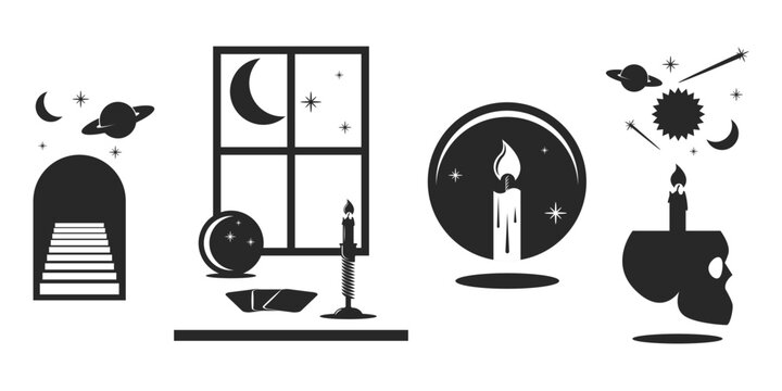 Mystic boho items clipart set, esoteric symbols collection black-white negative space style. Magic and witchcraft objects. Crystal ball, tarot cards, candle, human skull, moon, stars, Saturn, comets.