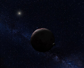 Obraz na płótnie Canvas Artist's impression of the system composed of the dwarf planet Makemake and its satellite Mk2 located in the Kuiper belt