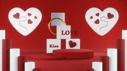 3D rendering of red podium for Valentine products on Valentine's Day.