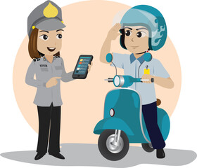 a policewoman and a man riding a blues cooter