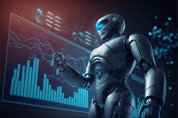 Fototapeta na wymiar A robot AI is analyzing investment graph data and assessing business network growth and investment risk for a successful return.