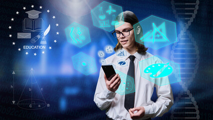 E-learning online, young student looking at smartphone screen