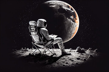 Astronaut sits on a camping chair on the moon with his legs crossed, casually looking at the black space in the distance 