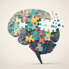 Drawing of a brain made with pieces of a puzzle with one piece missing, concept of mental health, Alzheimer's, mental disorders, gerenative AI