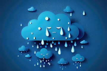 Blue cartoon clouds raining on blue background 