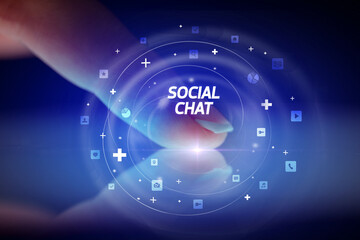Finger touching tablet with social media icons concept