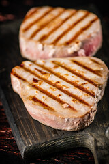 Delicious grilled tuna steak on a cutting board. 