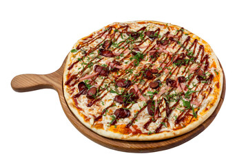 Barbecue pizza with sausages and ham served on a wooden board. Appetizing traditional Italian food. Close-up. Isolated on white background.