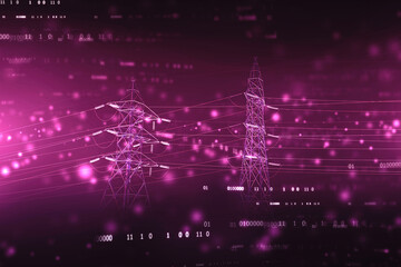High power electricity poles on technology abstract background. Energy supply, distribution of energy, transmitting energy, energy transmission, high voltage supply concept