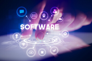 Finger touching tablet with web technology icons concept
