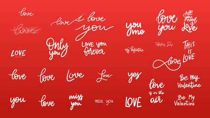 Set brush calligraphy in Valentine’s Day , Handwritten ink lettering. Hand drawn design elements on red background ,for February 14 Valentines Day , Vector illustration EPS 10
