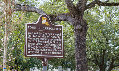 Historic Marker for Town of Carrollton, which became part of the City of New Orleans in 1874