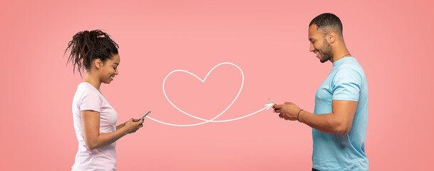 Dating App. Black Woman With Smartphone Sending Romantic Message To Happy Man