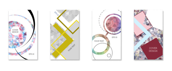 Cover design. Set of 4 covers. Imitation of crumpled paper. Unusual bright abstract background for magazine, book, splash, banner, vector. Imitation of crumpled paper